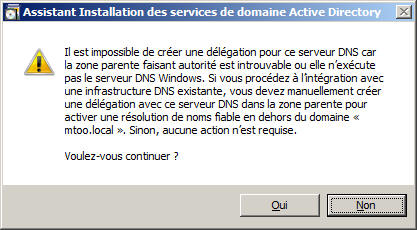 dcpromo : délégation pour la zone DNS