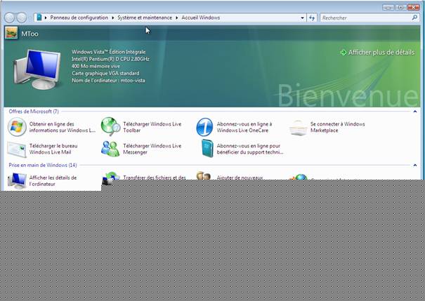 Windows Vista - Installation - Panneau d'accueil Windows