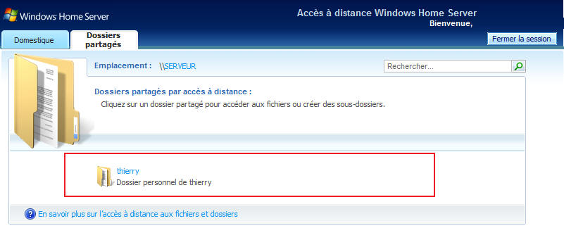 Windows Home Server dossiers partagées