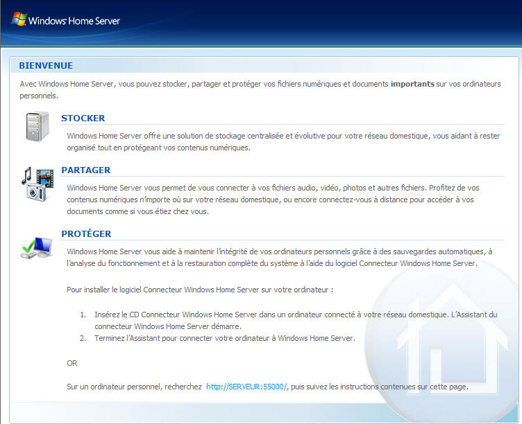 Welcome page upnp whs