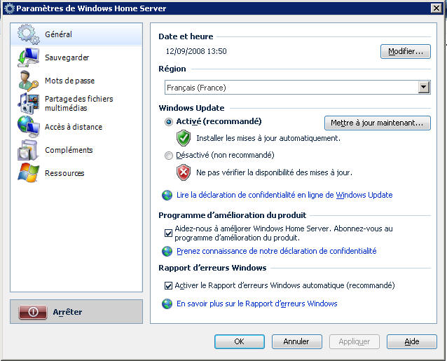 Windows Home Server Paramètres Général