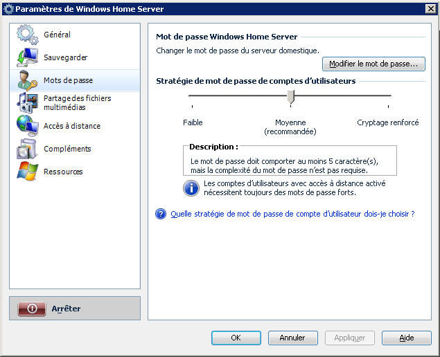 Windows Home Server Mots de passe