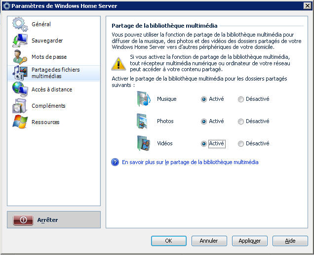 Windows Home Serger - Partage des fichiers multimédias
