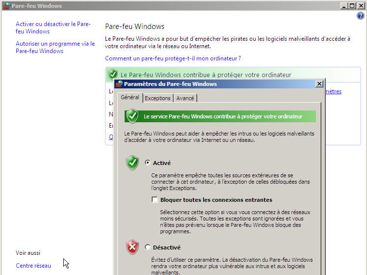 Configurer le pare feu