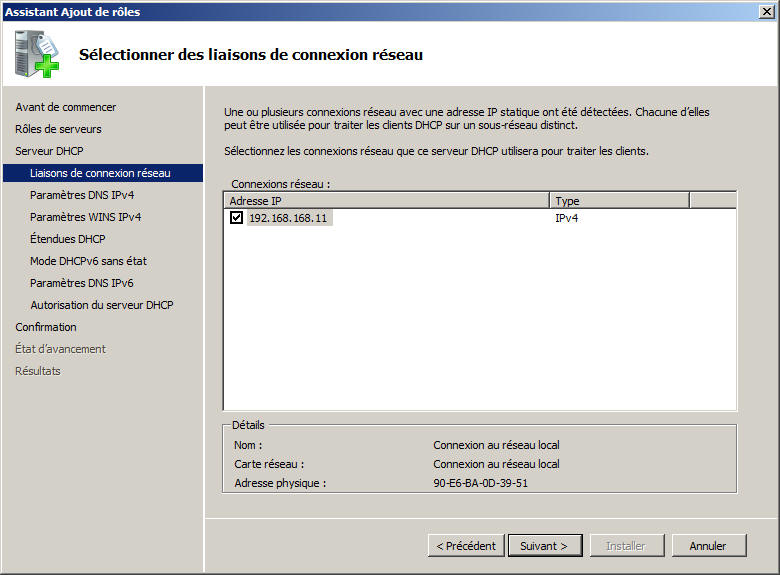 Selection du réseau DHCP